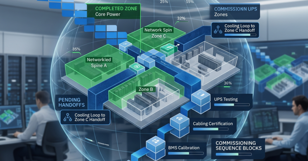 Data center commissioning zone map showing completed zones, pending handoffs, and commissioning sequence blocks