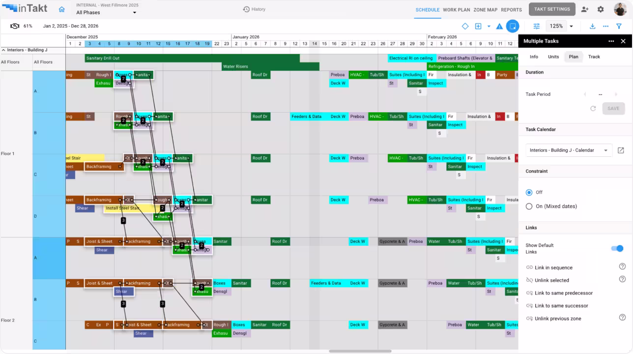 inTakt scheduling engine dashboard showing takt schedule with task sequencing and flow control for a construction project
