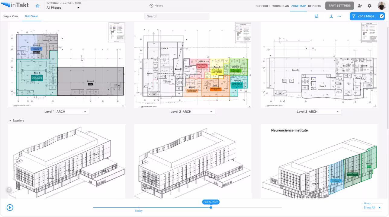 inTakt zone map dashboard showing color-coded floor plans and 3D building model with production zones for a construction project