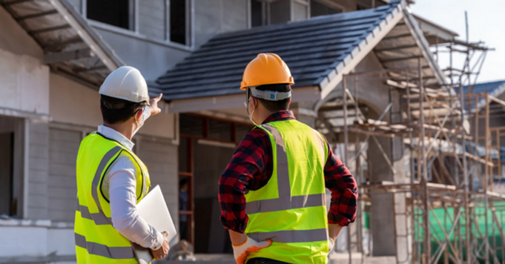 Two construction professionals reviewing a building project on an active job site
